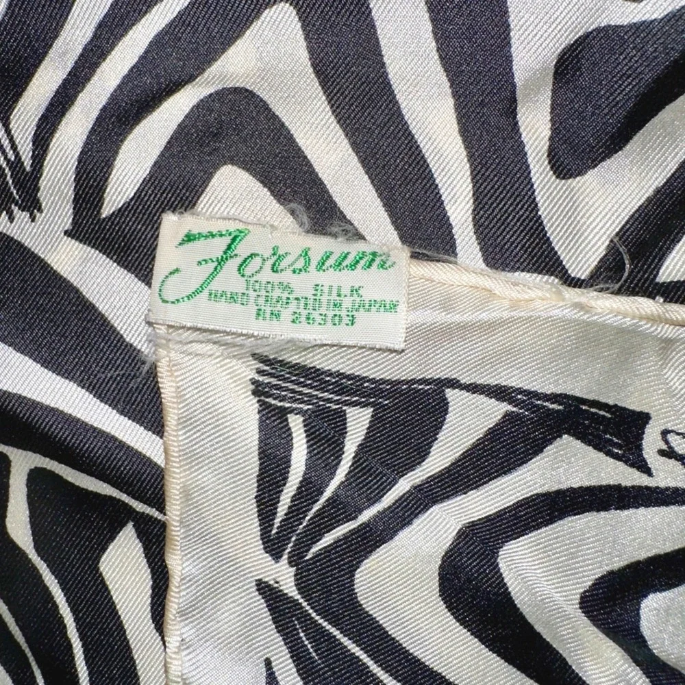 Forsum‎ Vintage Silk Scarf Earle Van Doorn Zebra Print Black White Japan 11x82